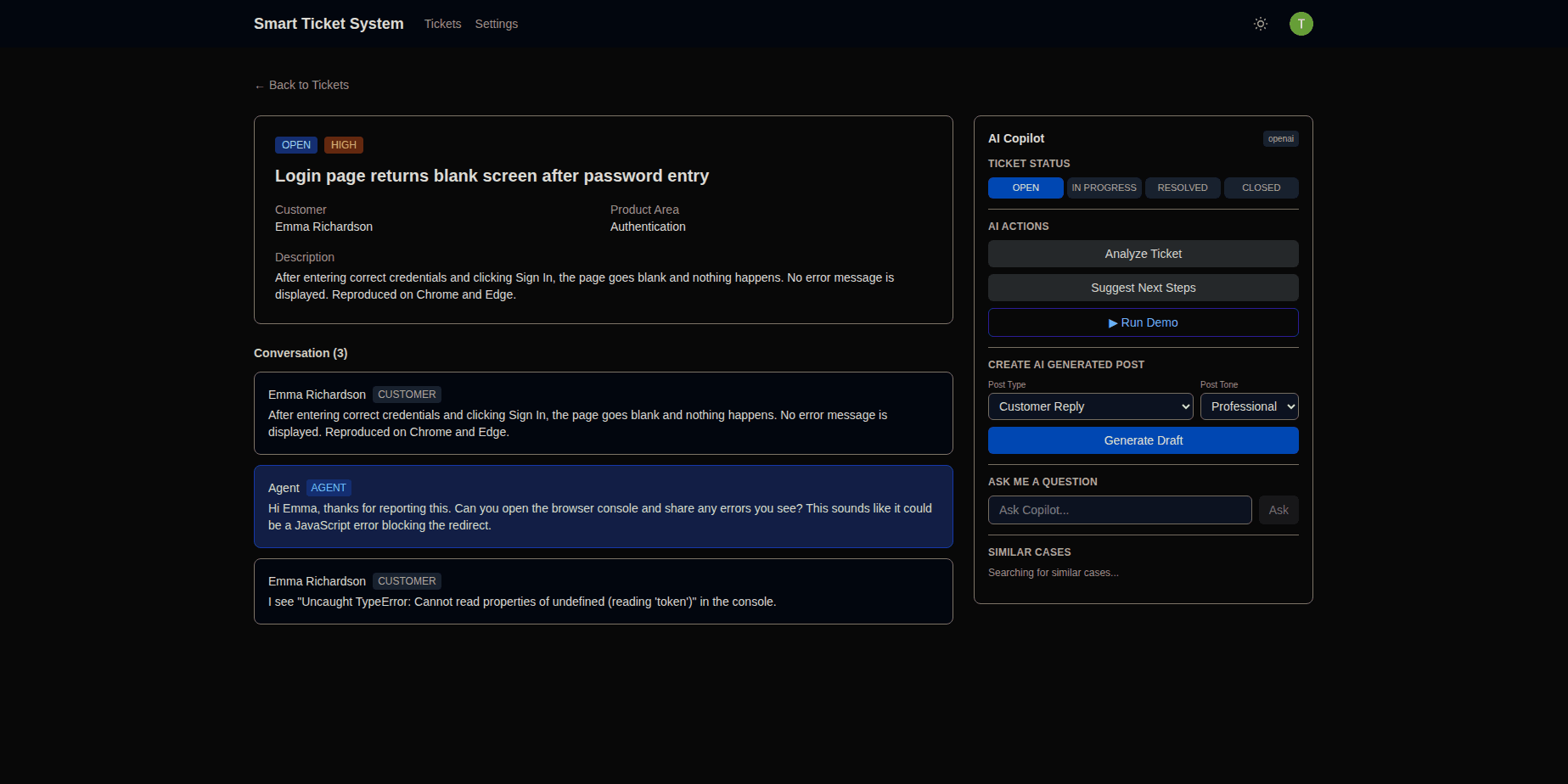 Ticket Interface with AI Copilot