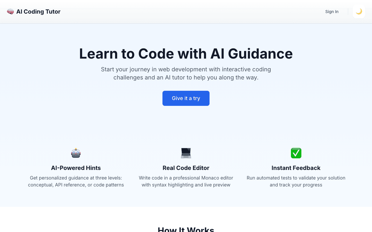 AI Coding Tutor landing page